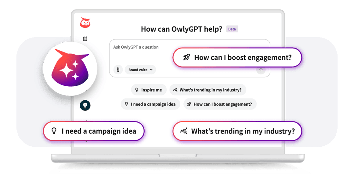 Screenshot of OwlyGPT interface showing search bar and quick action buttons for campaign ideas, industry trends, and engagement tips